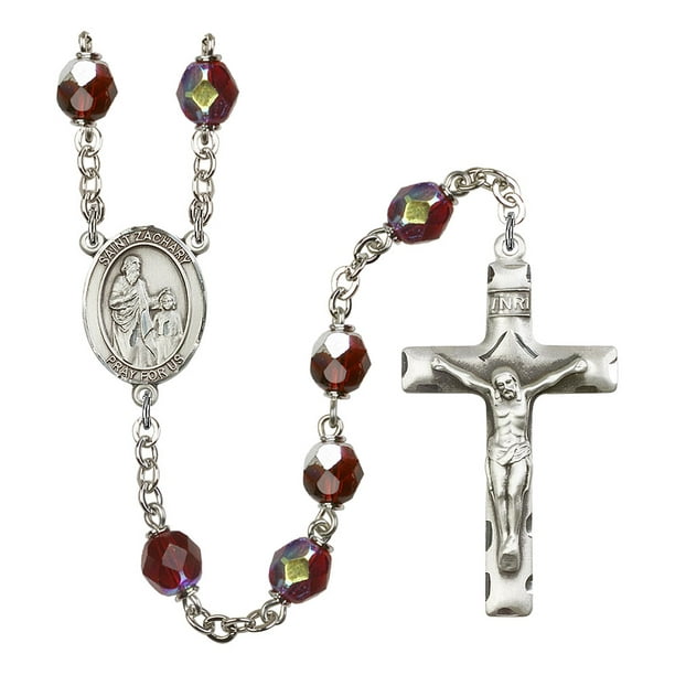 Silver Finish St Zachary Center Zachary Rosary with 7mm Brown Beads and 1 3/4 x 1 inch Crucifix St Gift Boxed 